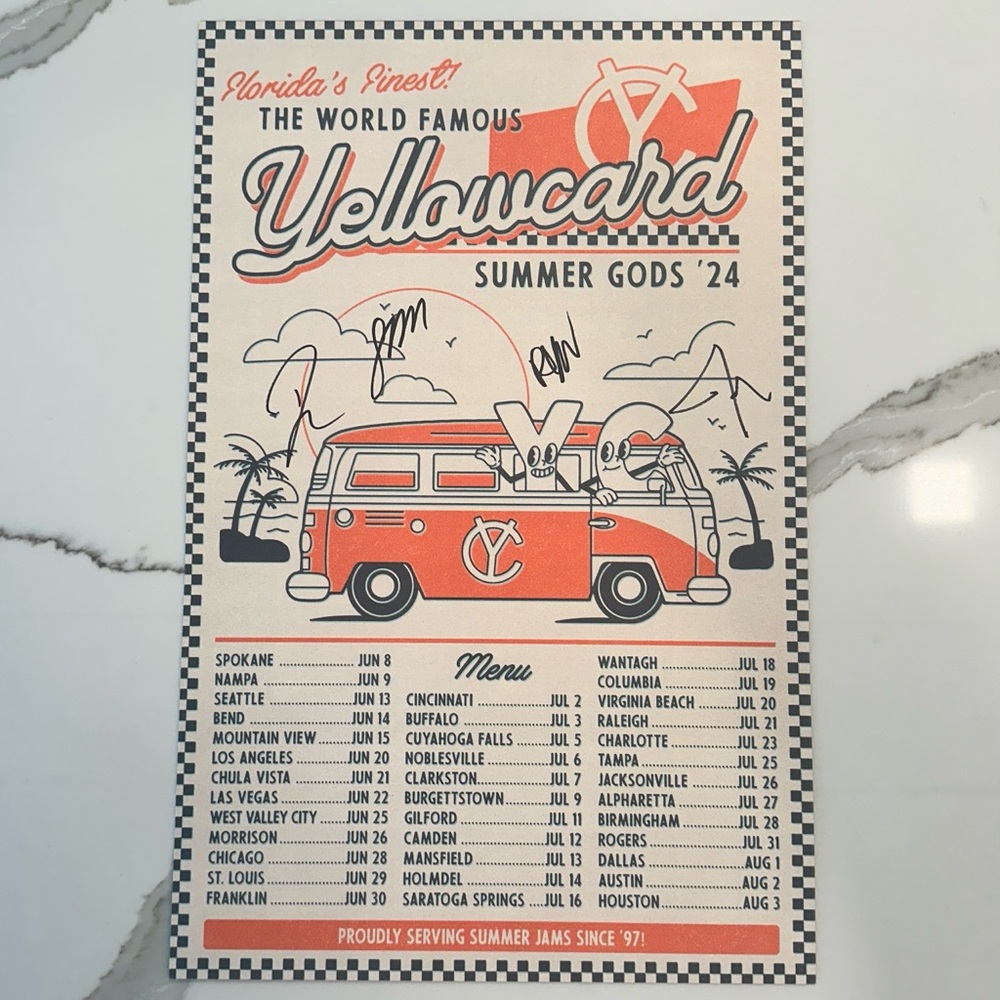 YELLOWCARD SIGNED POSTER 11x17 - Summer Gods 2024 Tour